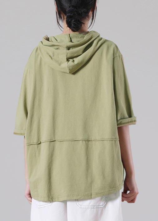 Beautiful Grass Green hooded Patchwork Cotton Tee Summer - Omychic