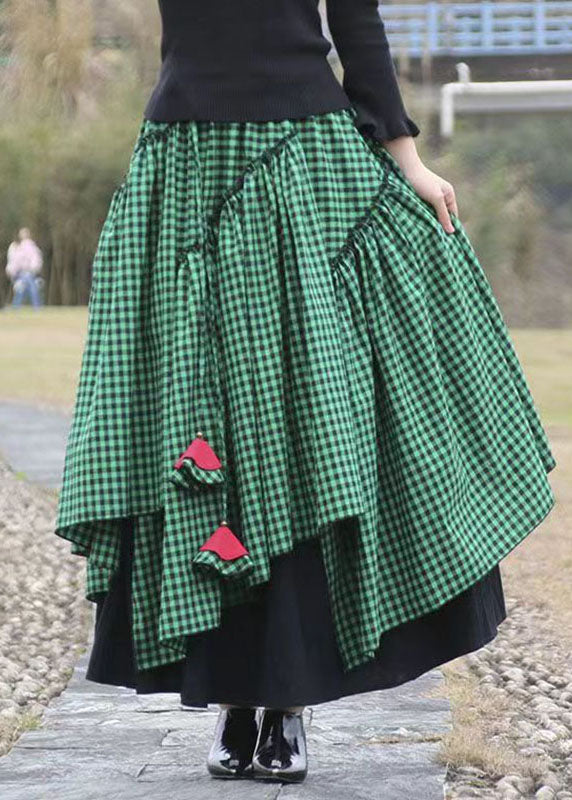 Beautiful Green Asymmetrical Plaid Patchwork Tie Waist Long Skirts Fall