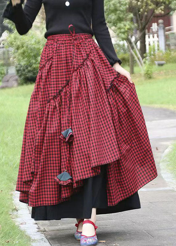 Beautiful Green Asymmetrical Plaid Patchwork Tie Waist Long Skirts Fall