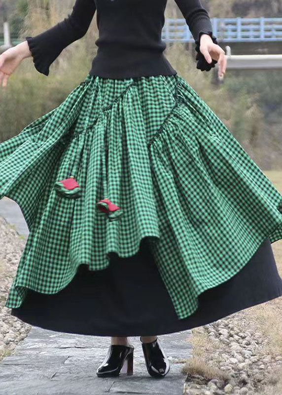 Beautiful Green Asymmetrical Plaid Patchwork Tie Waist Long Skirts Fall