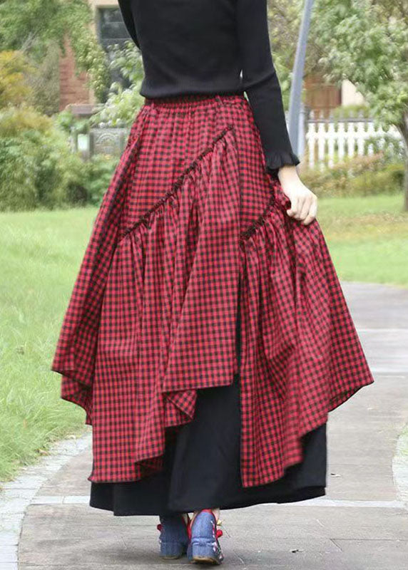 Beautiful Green Asymmetrical Plaid Patchwork Tie Waist Long Skirts Fall