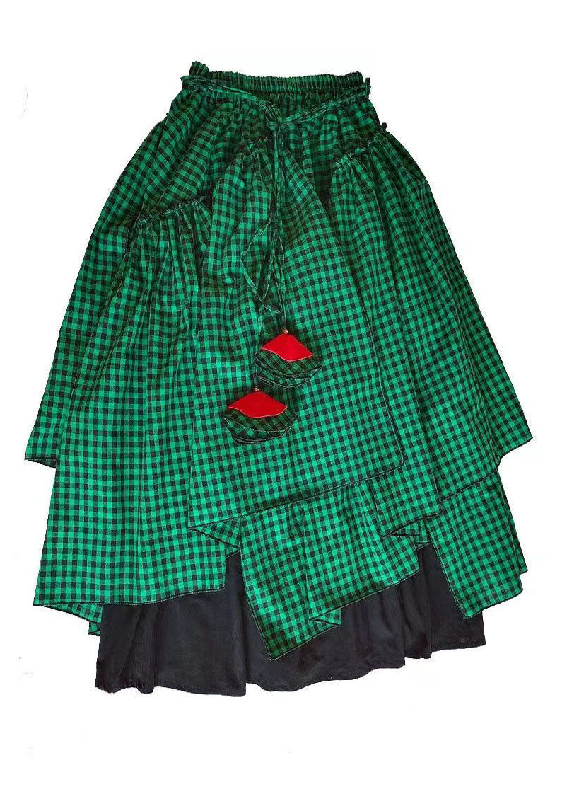 Beautiful Green Asymmetrical Plaid Patchwork Tie Waist Long Skirts Fall