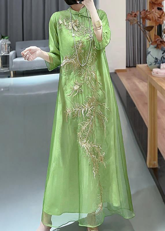 Beautiful Green Embroidered Button Cotton Long Dress