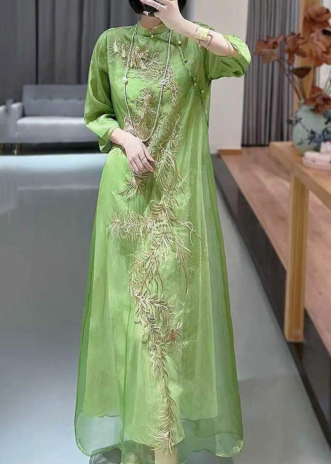 Beautiful Green Embroidered Button Cotton Long Dress