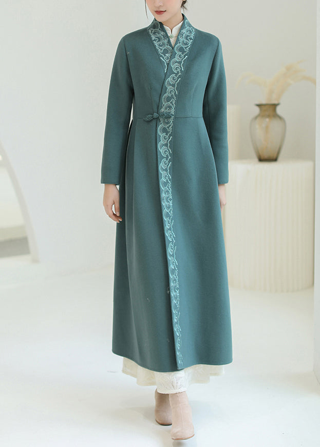 Beautiful Green Embroideried Chinese Button Woolen Trench Coats Winter