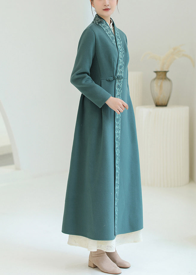 Beautiful Green Embroideried Chinese Button Woolen Trench Coats Winter