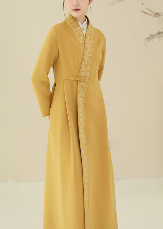 Beautiful Green Embroideried Chinese Button Woolen Trench Coats Winter