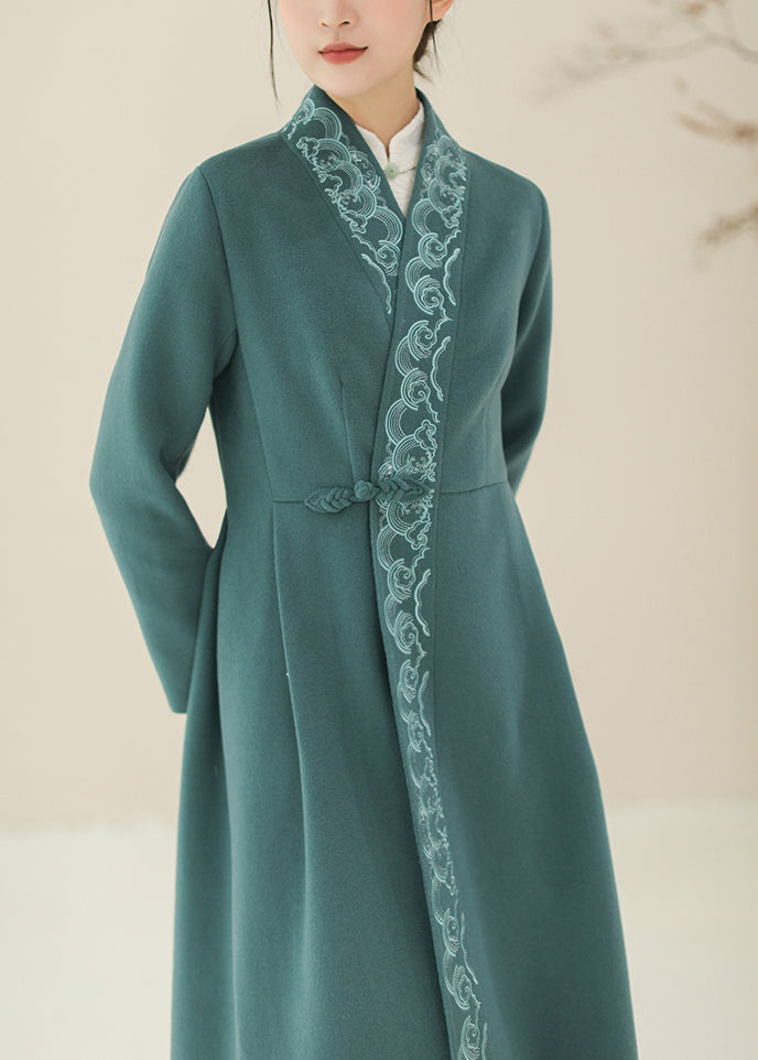 Beautiful Green Embroideried Chinese Button Woolen Trench Coats Winter