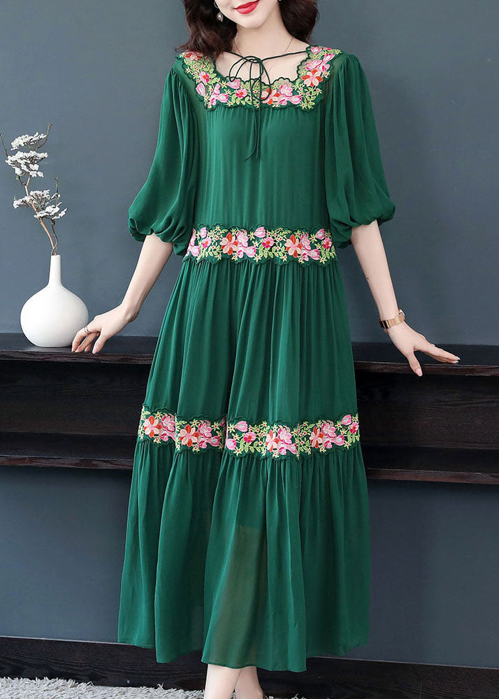 Beautiful Green Embroideried Floral Silk Dress