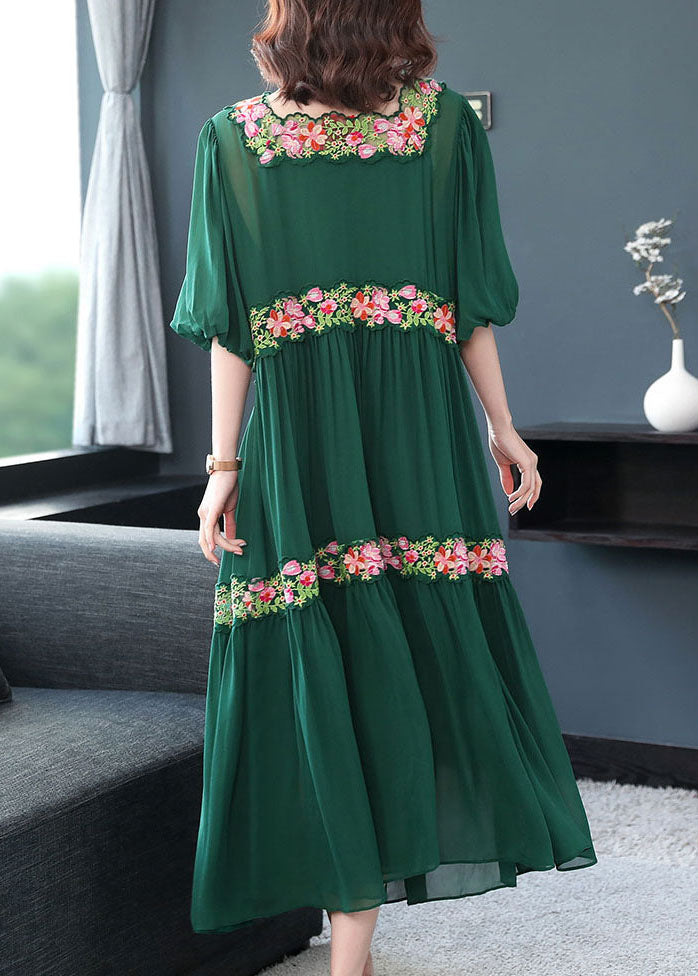 Beautiful Green Embroideried Floral Silk Dress