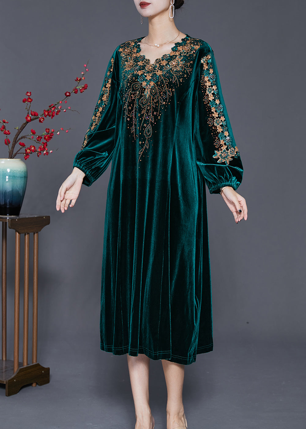 Beautiful Green Embroideried Hollow Out Silk Velour Dress Fall
