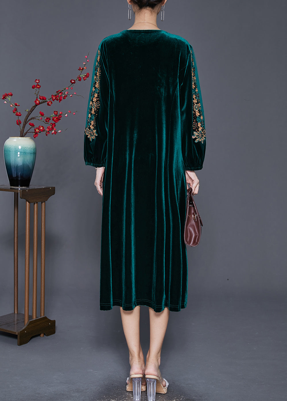 Beautiful Green Embroideried Hollow Out Silk Velour Dress Fall