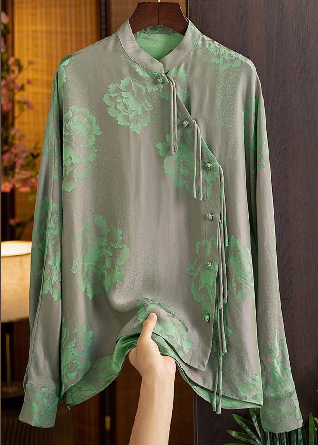 Beautiful Green Mandarin Collar Button Print Silk Shirt Top Spring