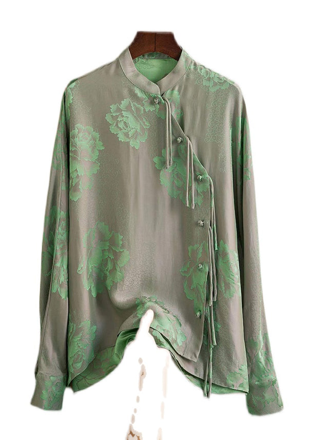 Beautiful Green Mandarin Collar Button Print Silk Shirt Top Spring