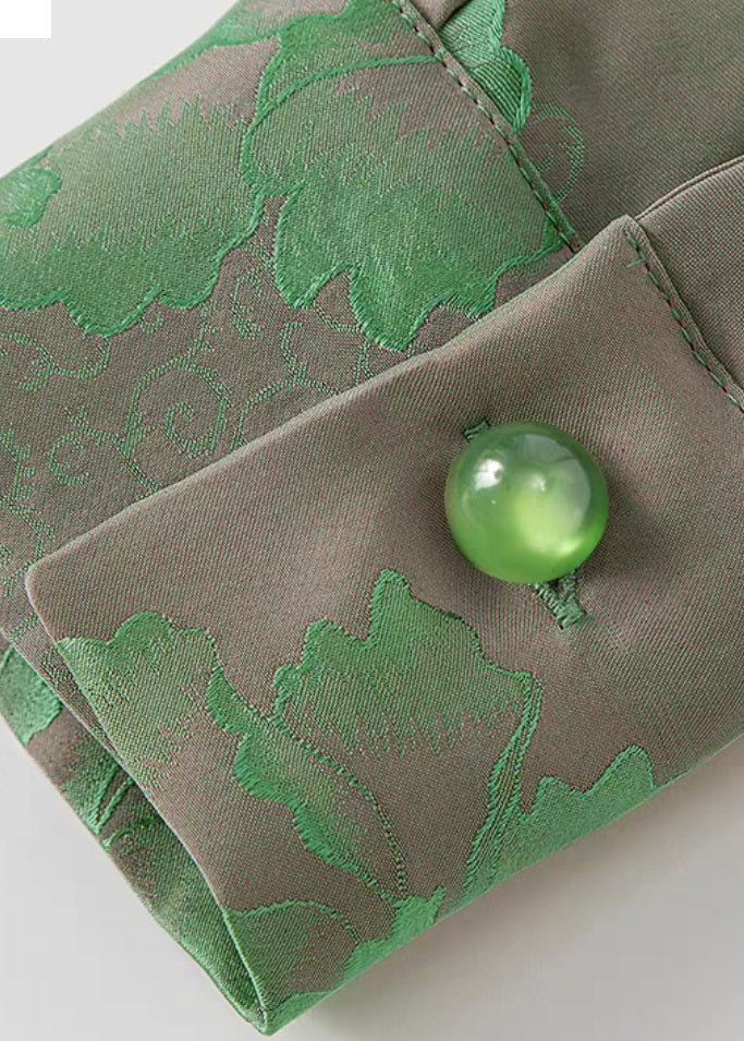 Beautiful Green Mandarin Collar Button Print Silk Shirt Top Spring