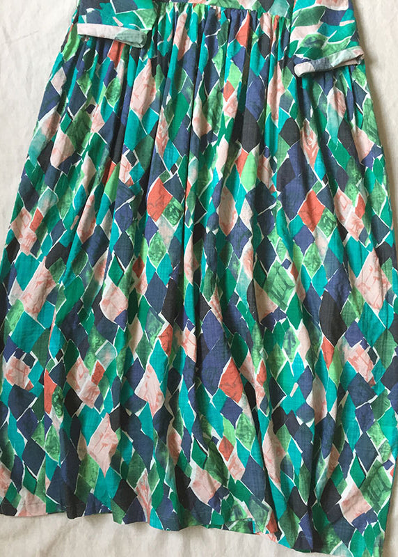 Beautiful Green O Neck Print Wrinkled Cotton Dresses Summer