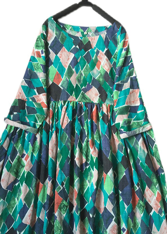 Beautiful Green O Neck Print Wrinkled Cotton Dresses Summer