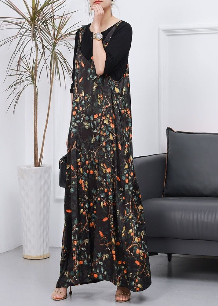 Beautiful Green Print Jumpsuit And T Shirt Silk Two Pieces Set Spring