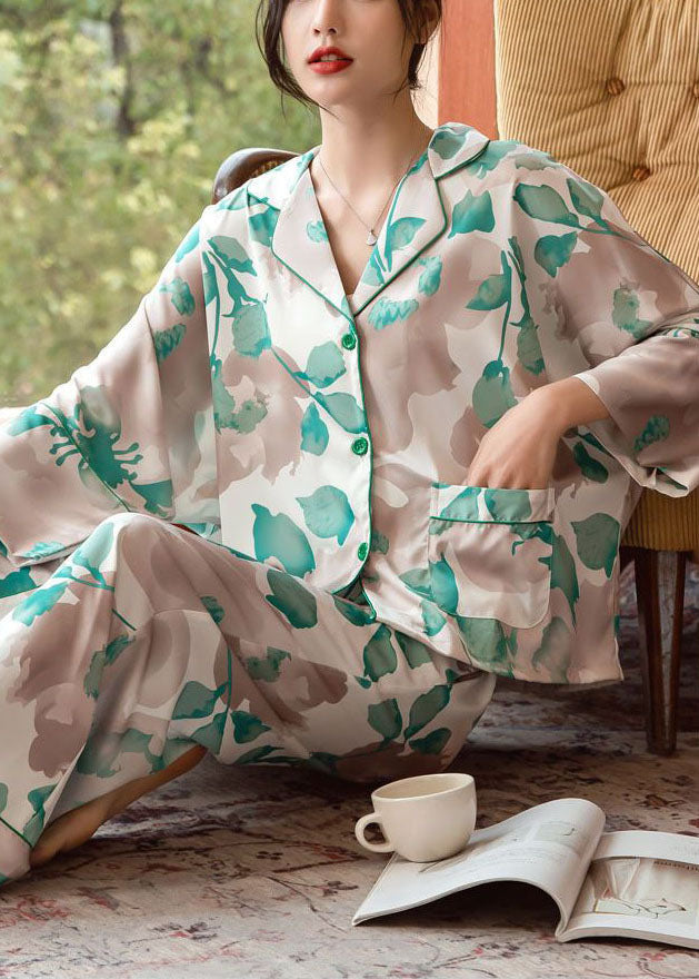 Beautiful Green Print Oversized Ice Silk Pajamas Two Pieces Set Bracelet Sleeve
