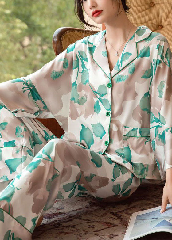 Beautiful Green Print Oversized Ice Silk Pajamas Two Pieces Set Bracelet Sleeve