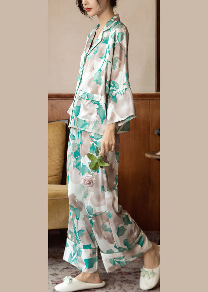 Beautiful Green Print Oversized Ice Silk Pajamas Two Pieces Set Bracelet Sleeve