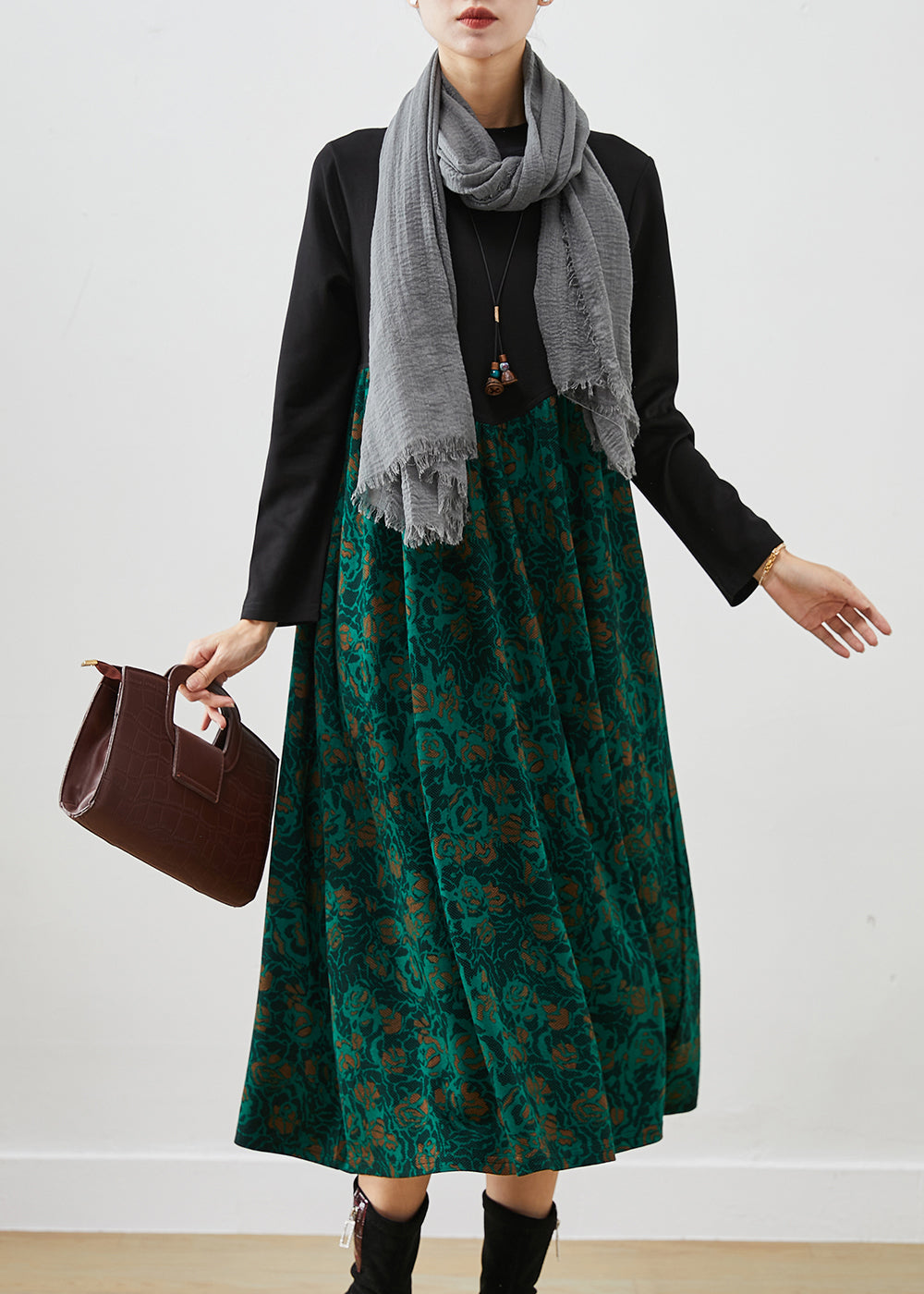 Beautiful Green Print Patchwork Cotton Maxi Dress Fall