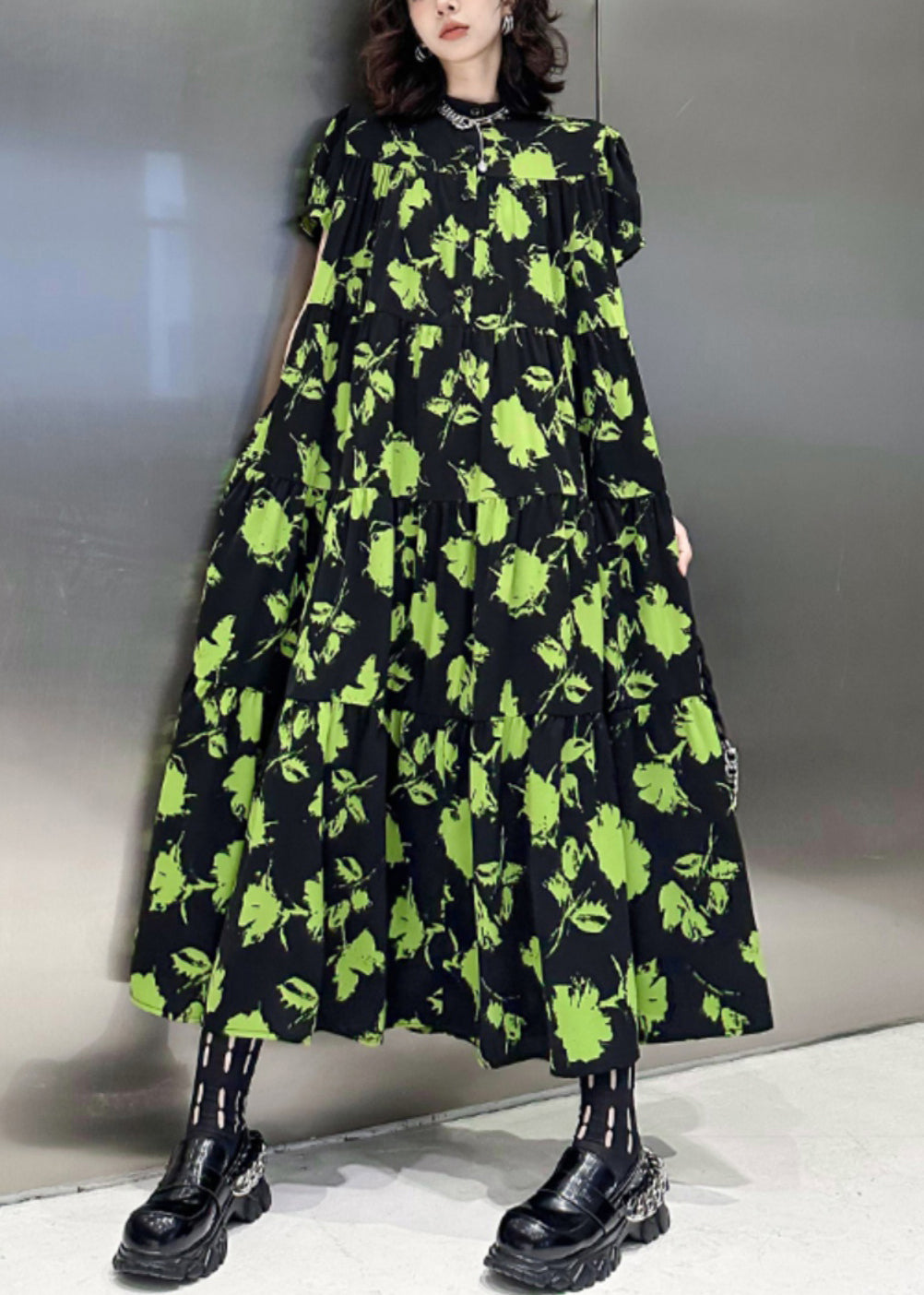 Beautiful Green Print Wrinkled Patchwork Cotton Long Dresses Summer