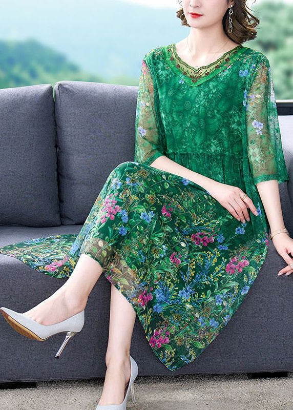 Beautiful Green Ruffled Print Tulle Dress Half Sleeve