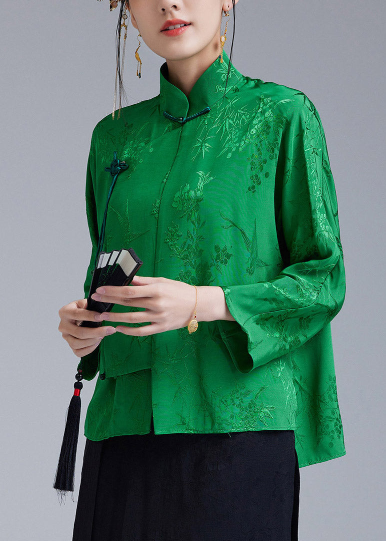 Beautiful Green Stand Collar Jacquard Diagonal Button Silk Top Long sleeve