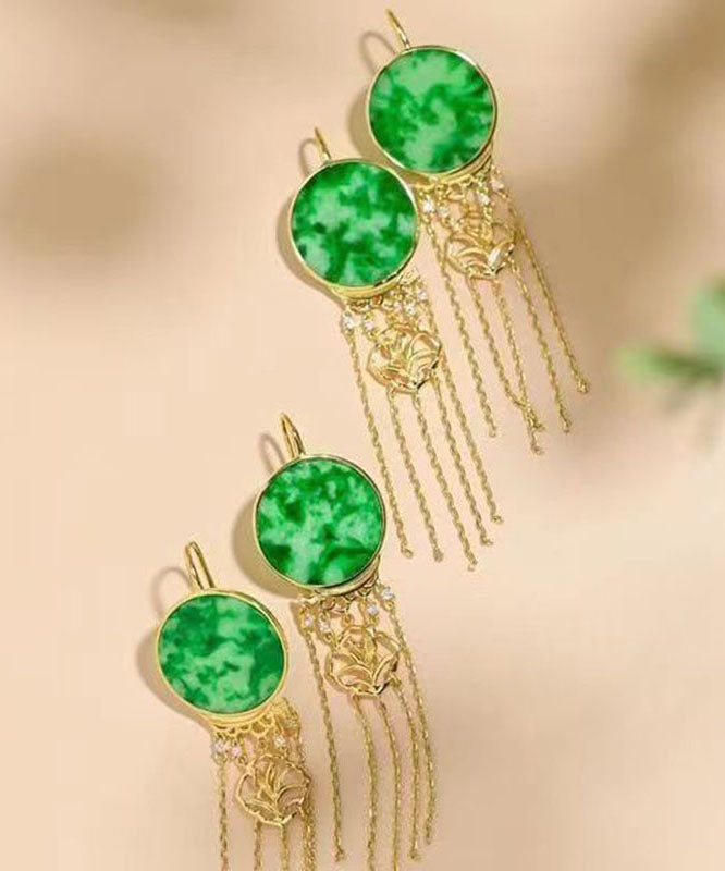 Beautiful Green Sterling Silver Tie Dye Round Tassel Jadeite Drop Earrings