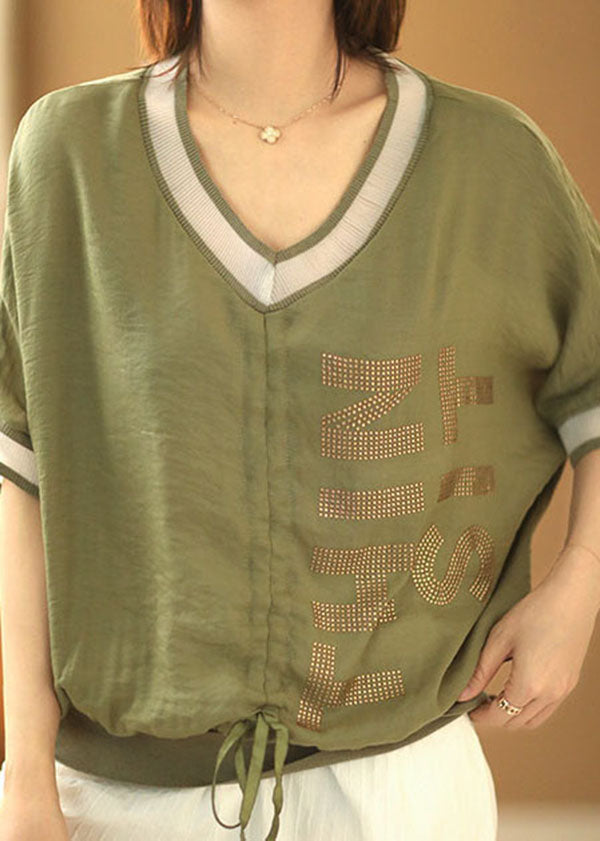 Beautiful Green V Neck Drawstring Patchwork Shirt Short Sleeve