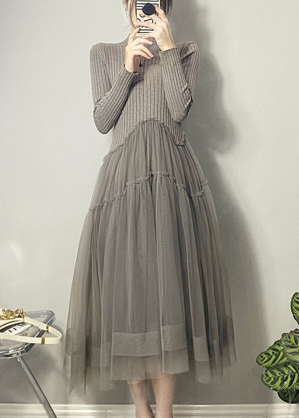 Beautiful Grey Asymmetrical Tulle Patchwork Long Dresses Fall