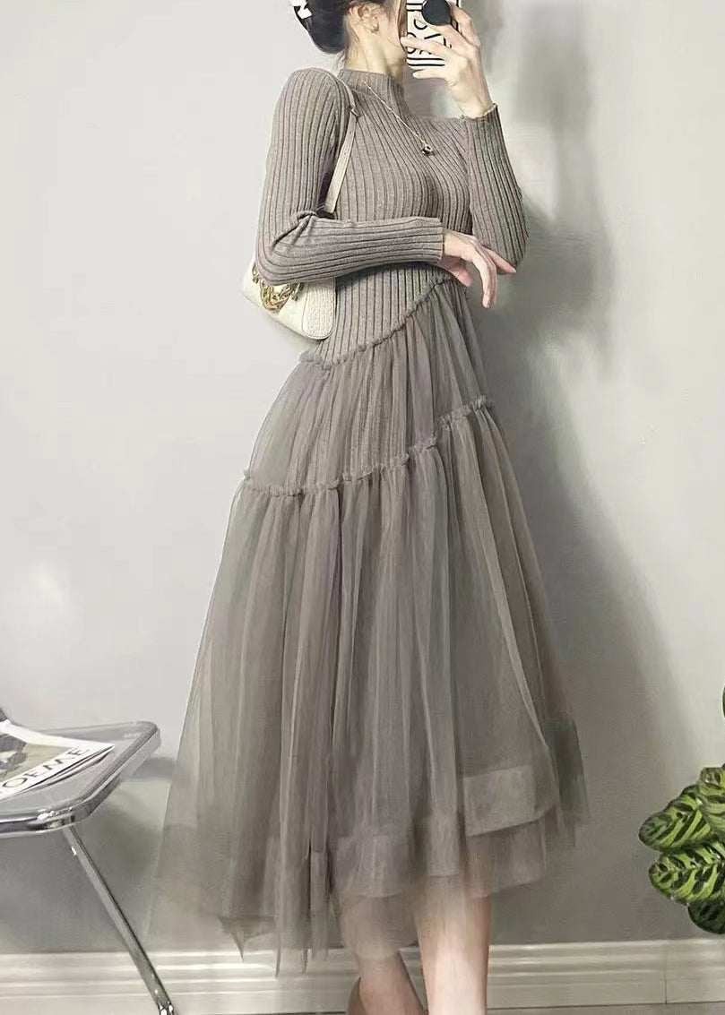 Beautiful Grey Asymmetrical Tulle Patchwork Long Dresses Fall