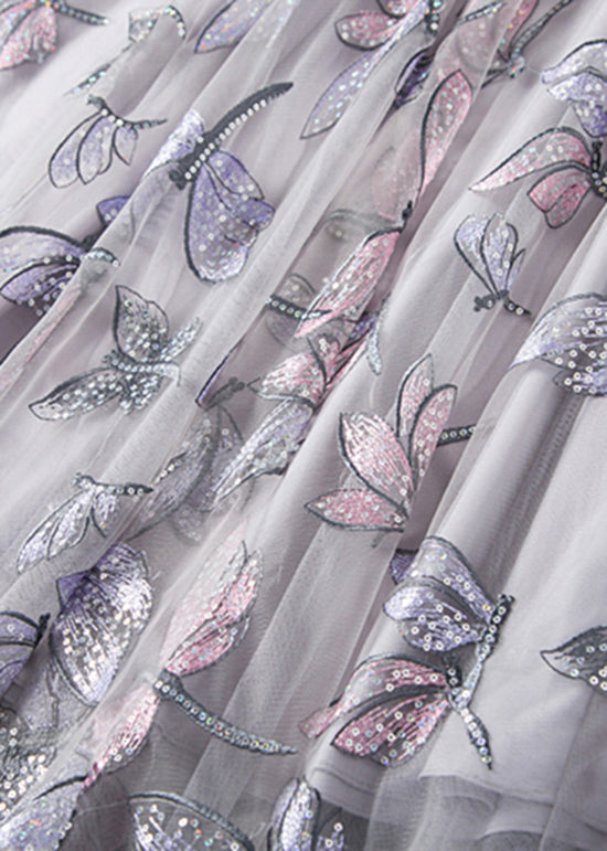 Beautiful Grey Embroidered Butterfly Wrinkled Tulle Skirts Spring