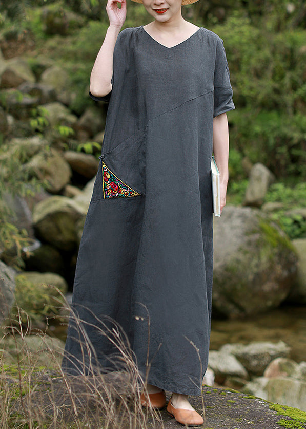 Beautiful Grey Embroideried V Neck Patchwork Linen Dress Short Sleeve - Omychic