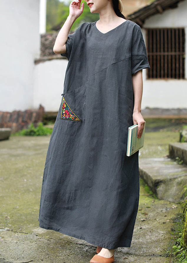 Beautiful Grey Embroideried V Neck Patchwork Linen Dress Short Sleeve