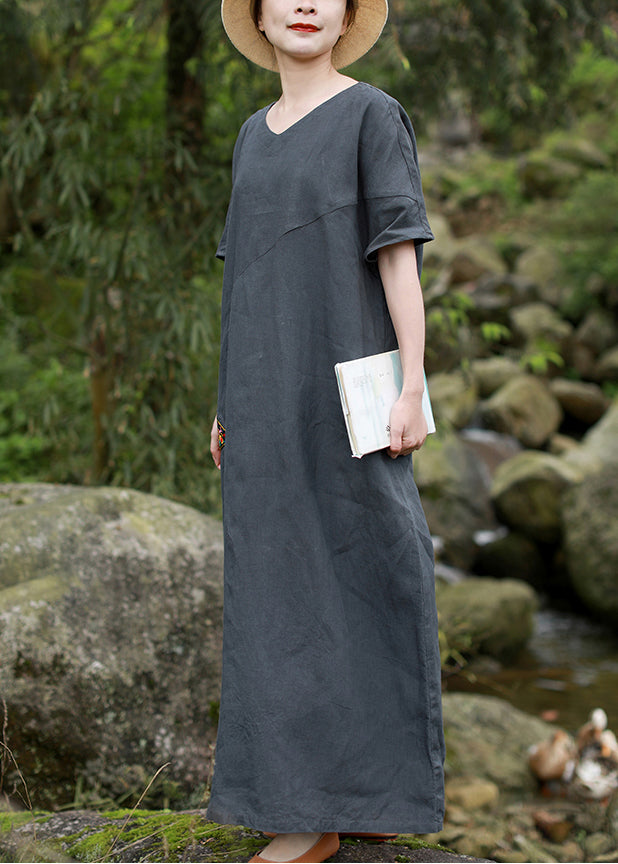 Beautiful Grey Embroideried V Neck Patchwork Linen Dress Short Sleeve - Omychic