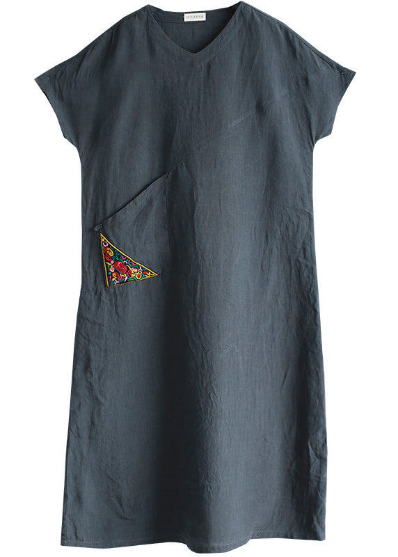 Beautiful Grey Embroideried V Neck Patchwork Linen Dress Short Sleeve - Omychic