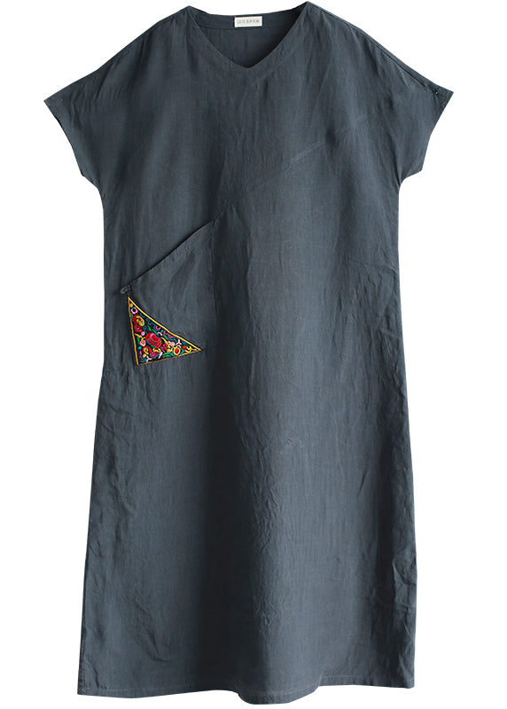 Beautiful Grey Embroideried V Neck Patchwork Linen Dress Short Sleeve