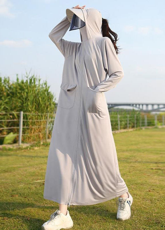 Beautiful Grey Hooded Pockets Zippered Patchwork Long Ice Silk UPF 50+ Coat Summer