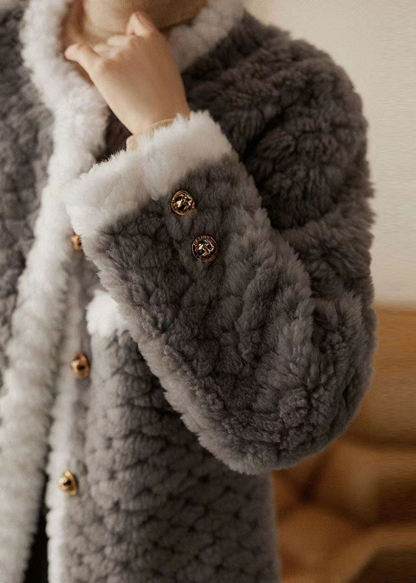 Beautiful Grey O Neck Pockets Patchwork Wool Coat Winter