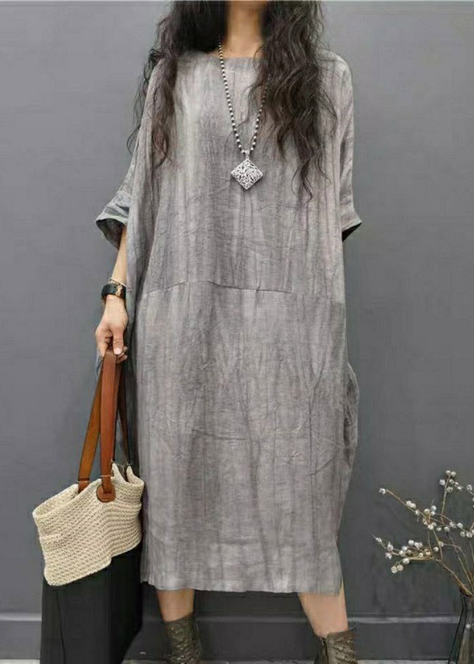 Beautiful Grey O-Neck Wrinkled Side Open Linen Long Dress Batwing Sleeve