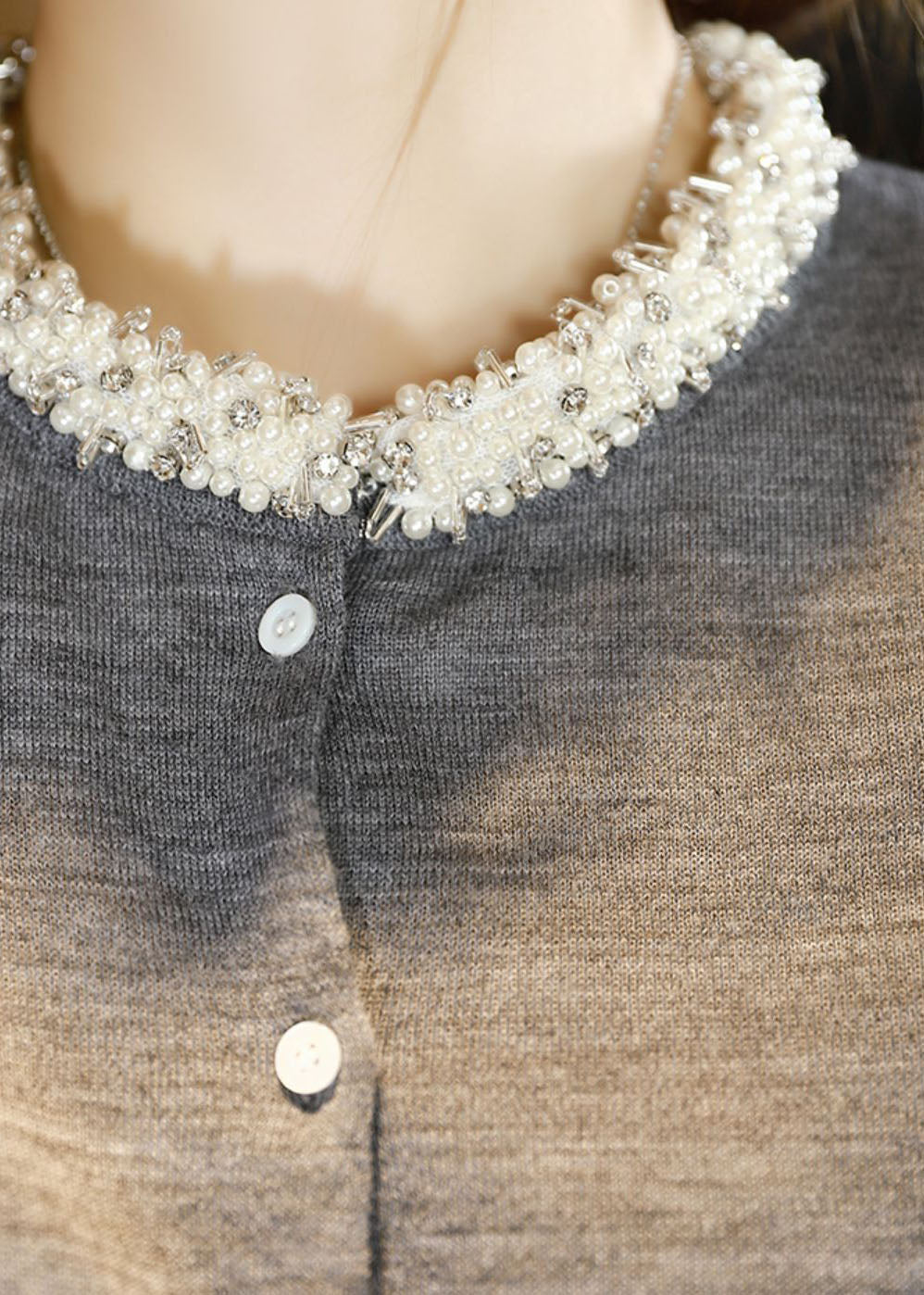 Beautiful Grey O Neck Zircon Patchwork Woolen Cardigans Spring