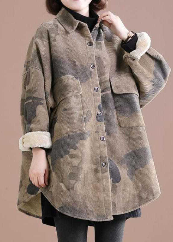 Beautiful Grey Peter Pan Collar Print Corduroy Winter Coat