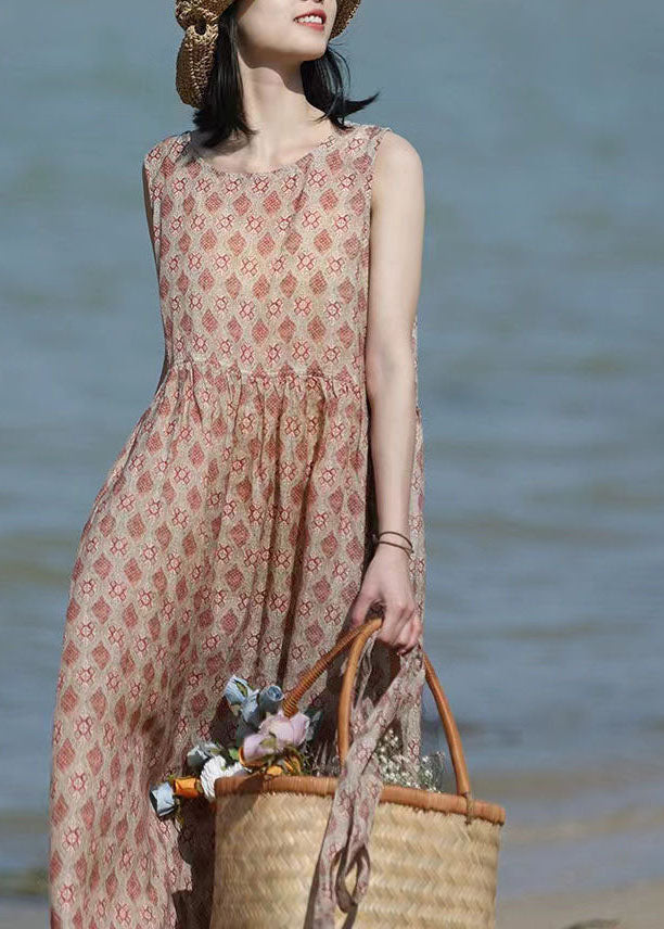 Beautiful Khaki O-Neck Print Linen Beach Dresses Sleeveless