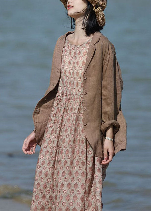 Beautiful Khaki O-Neck Print Linen Beach Dresses Sleeveless