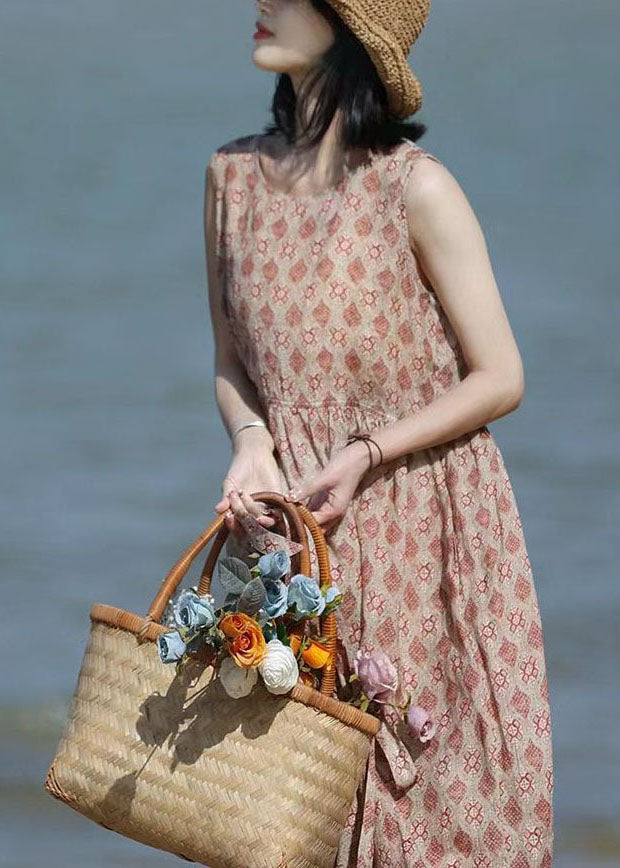 Beautiful Khaki O-Neck Print Linen Beach Dresses Sleeveless