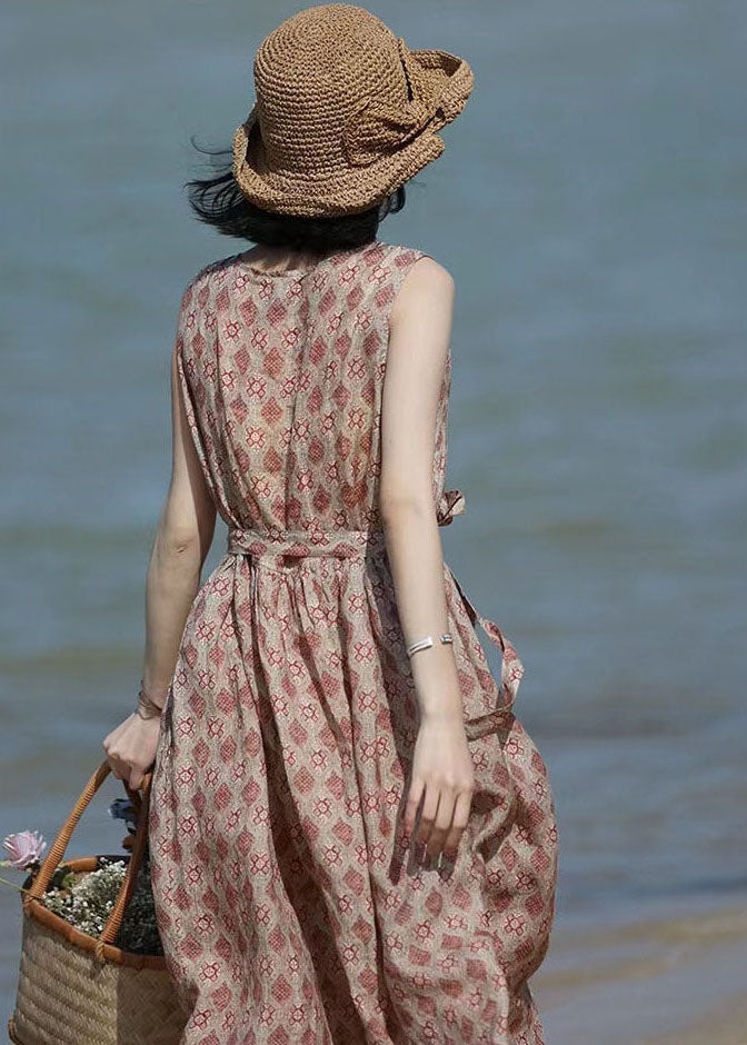 Beautiful Khaki O-Neck Print Linen Beach Dresses Sleeveless