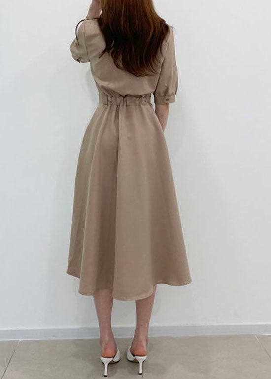 Beautiful Khaki Peter Pan Collar Patchwork Cotton Dresses Short Sleeve