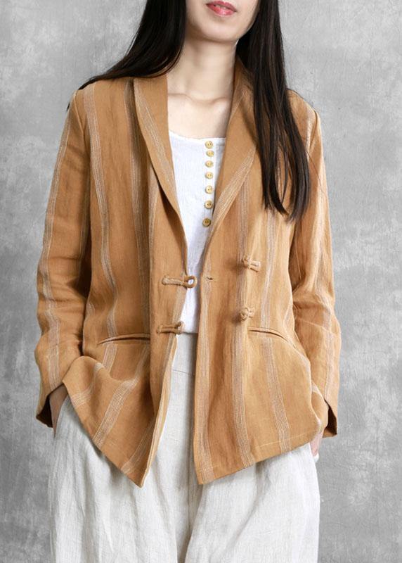 Beautiful Khaki PeterPan Collar Striped Fall Button Long sleeve Coat - Omychic